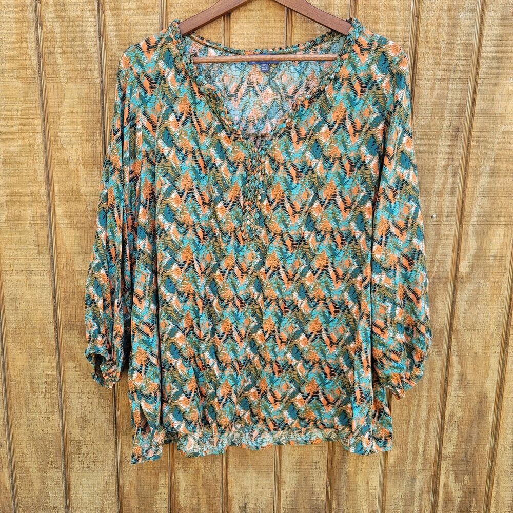 Democracy Braided Neck Woven Bohemian Flowy Blouse Womens Size 2X
